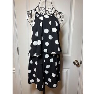 PaoLiNo Black White Polka Dot Popover Romper Sleeveless Tie Back Womens